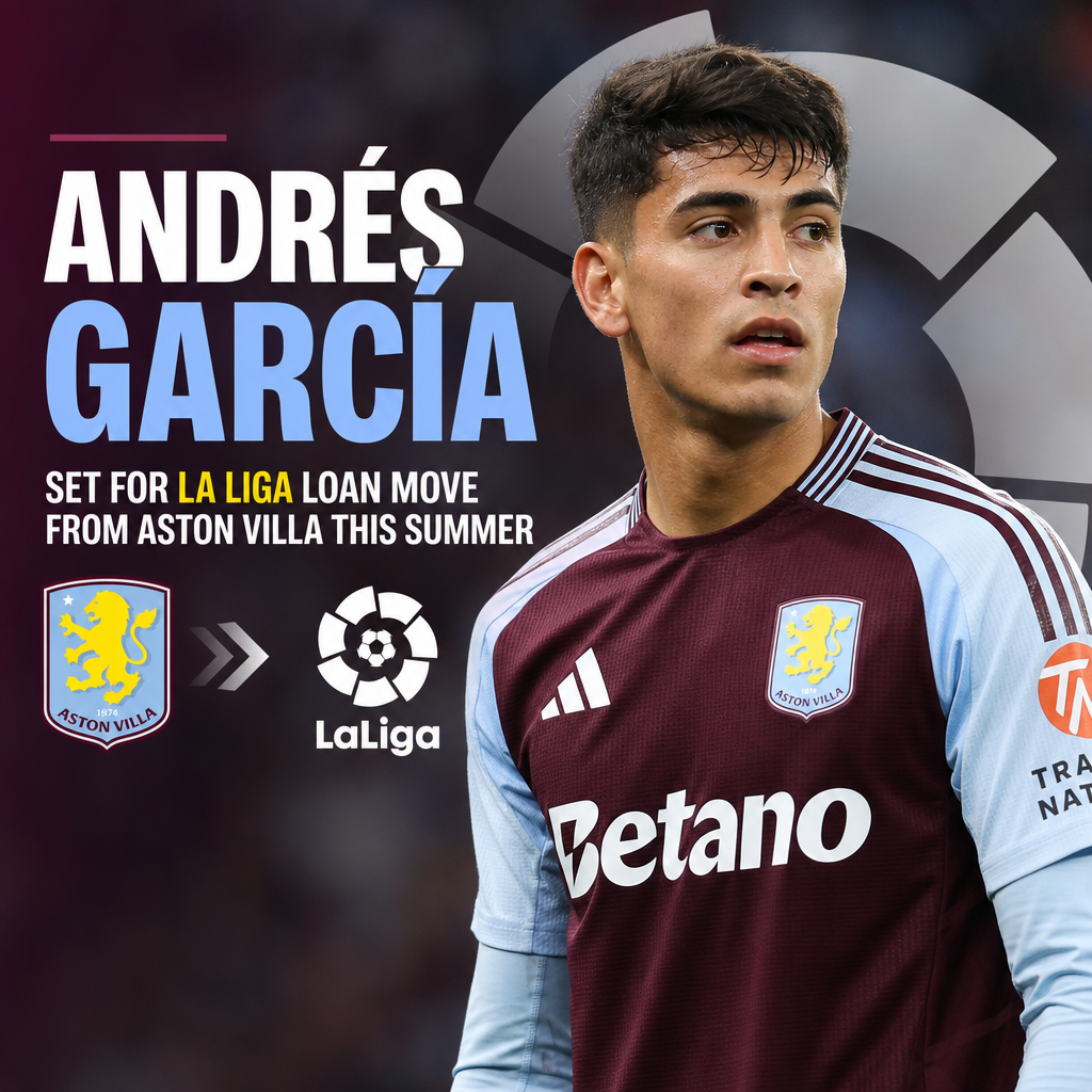Photo of Andrés García wearing Aston Villa kit, preparing for loan move to La Liga this summer.