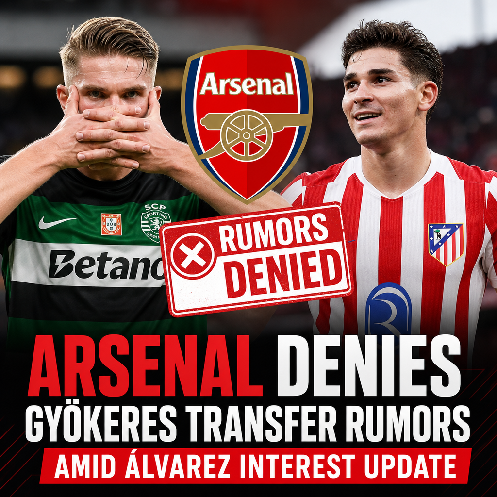 Arsenal logo with a headline denying Gyökeres transfer rumors while showing interest in Álvarez.