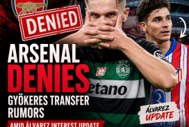 Arsenal FC logo with text denying transfer rumors about Gyökeres amid Álvarez interest.