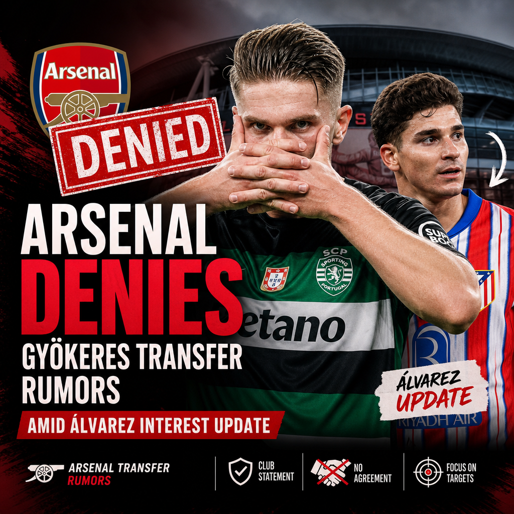 Arsenal FC logo with text denying transfer rumors about Gyökeres amid Álvarez interest.