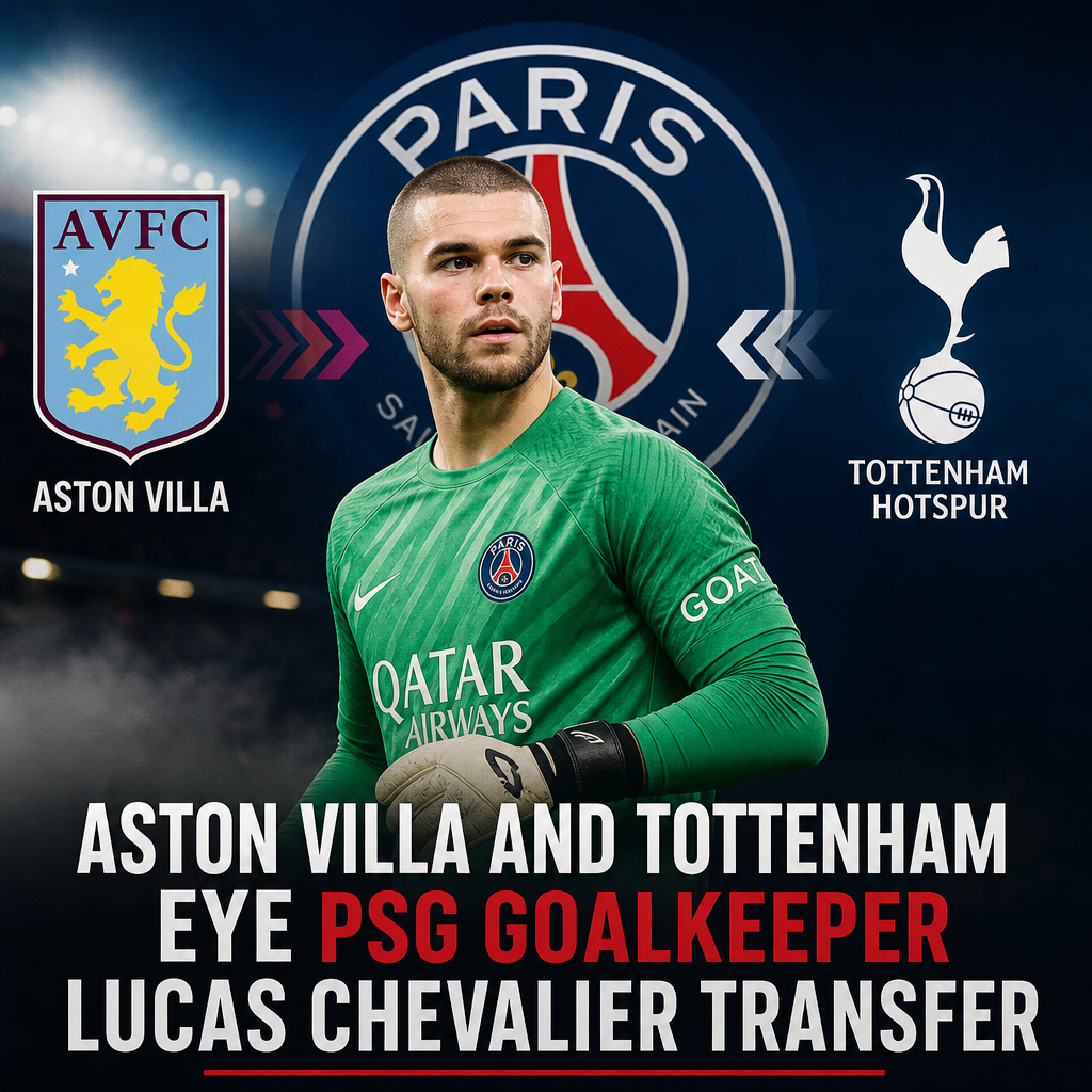 Lucas Chevalier in PSG goalkeeper kit during a match, linked with Aston Villa and Tottenham transfer interest.