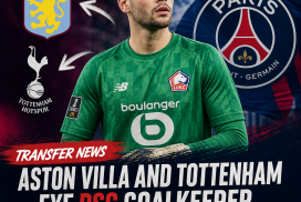 Aston Villa and Tottenham logos with PSG goalkeeper Lucas Chevalier in action, highlighting transfer interest.