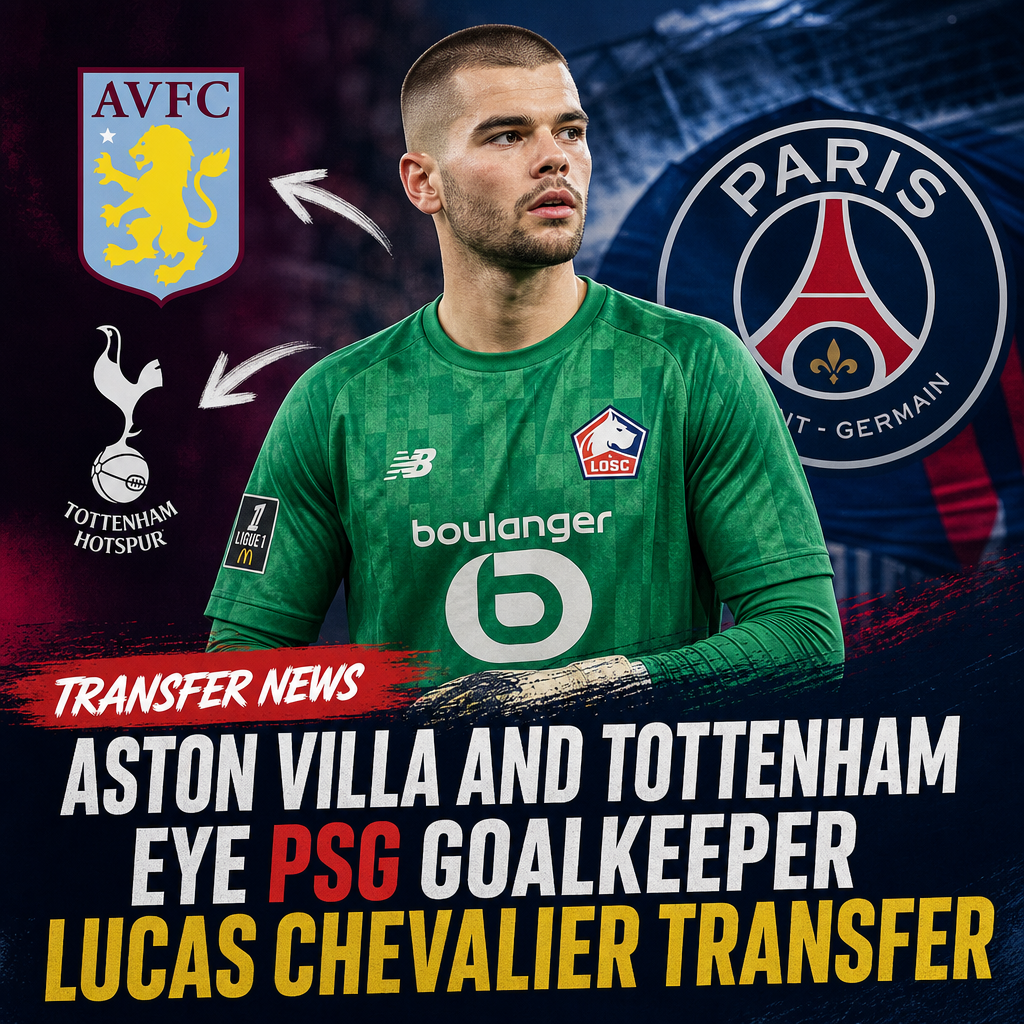 Aston Villa and Tottenham logos with PSG goalkeeper Lucas Chevalier in action, highlighting transfer interest.