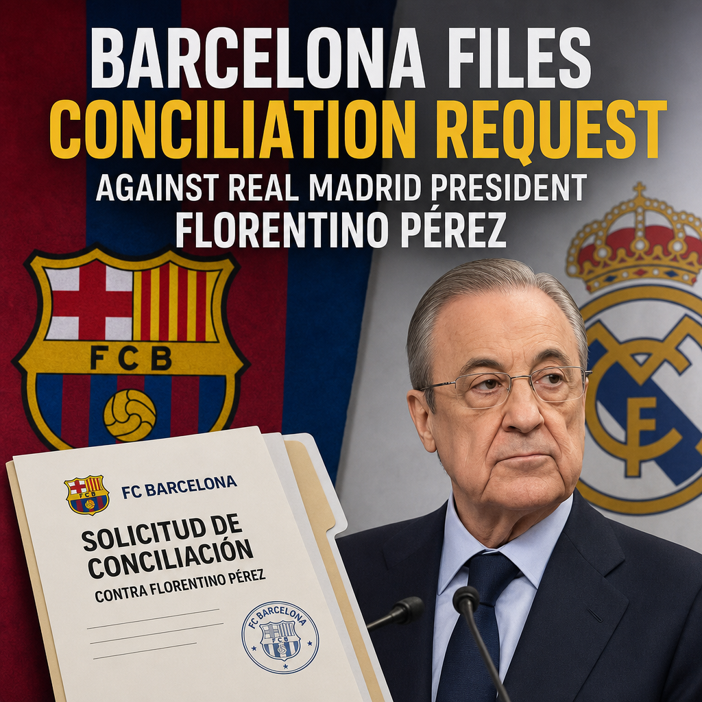 Barcelona officials handing over legal documents in a meeting room, addressing Real Madrid president Florentino Pérez.