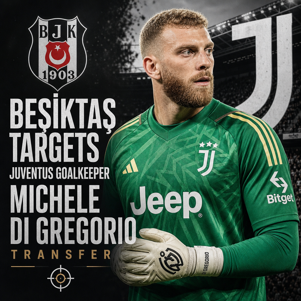 Soccer players in action during a match with a focus on Juventus goalkeeper Michele Di Gregorio.