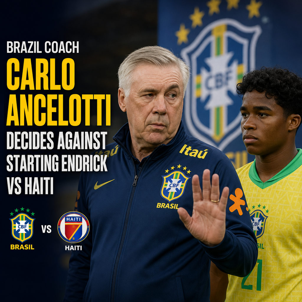Brazil coach Carlo Ancelotti talks to players on the sidelines during a match against Haiti.