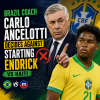 Brazil coach Carlo Ancelotti sitting on the bench during a match, deciding on his starting lineup.