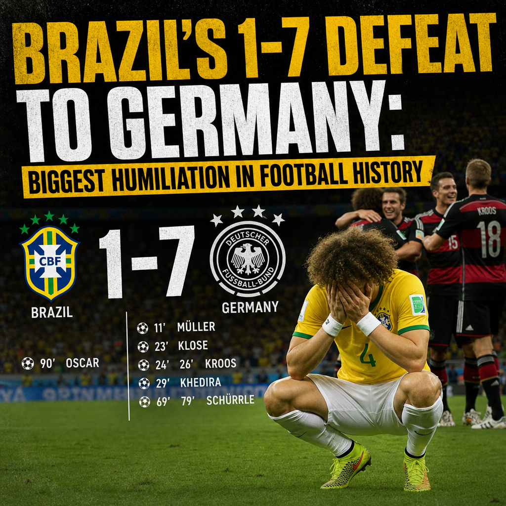 Brazil players dejected on field after 1-7 loss to Germany in 2014 World Cup, a historic football defeat.
