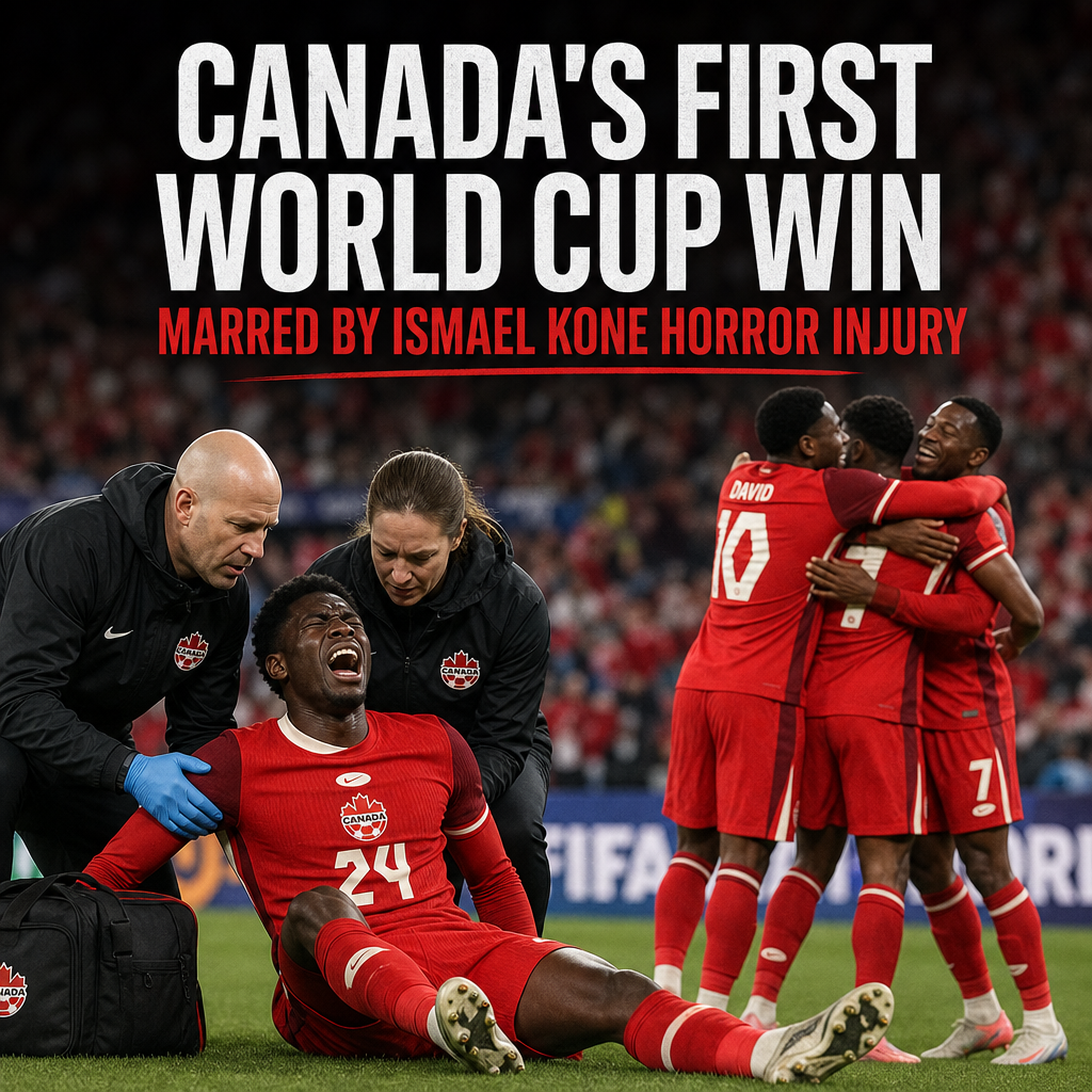 Canadian soccer player injured on field during historic World Cup win celebration by Canada.