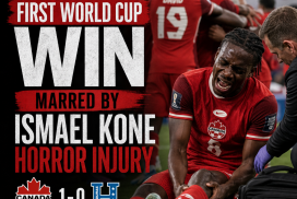 Canadian soccer players celebrate their first World Cup win while Ismael Kone lies injured on the field.