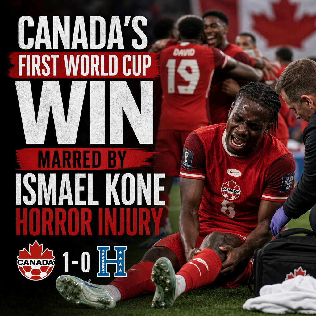 Canadian soccer players celebrate their first World Cup win while Ismael Kone lies injured on the field.