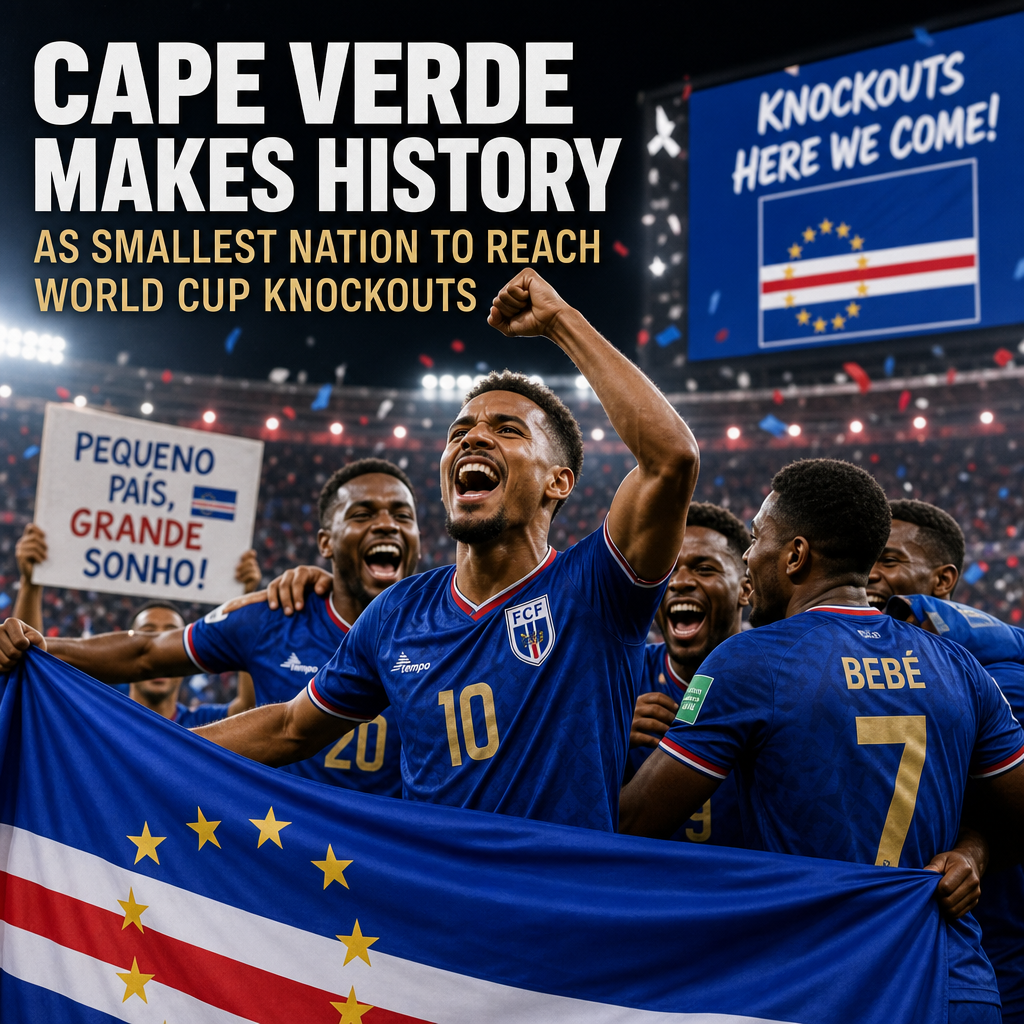 Cape Verde soccer players celebrate holding their national flag after reaching the World Cup knockouts.