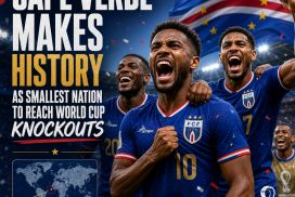 Map of Cape Verde highlighted in blue, celebrating its qualification for the FIFA World Cup 2026 knockouts.