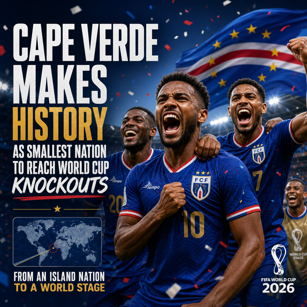 Map of Cape Verde highlighted in blue, celebrating its qualification for the FIFA World Cup 2026 knockouts.