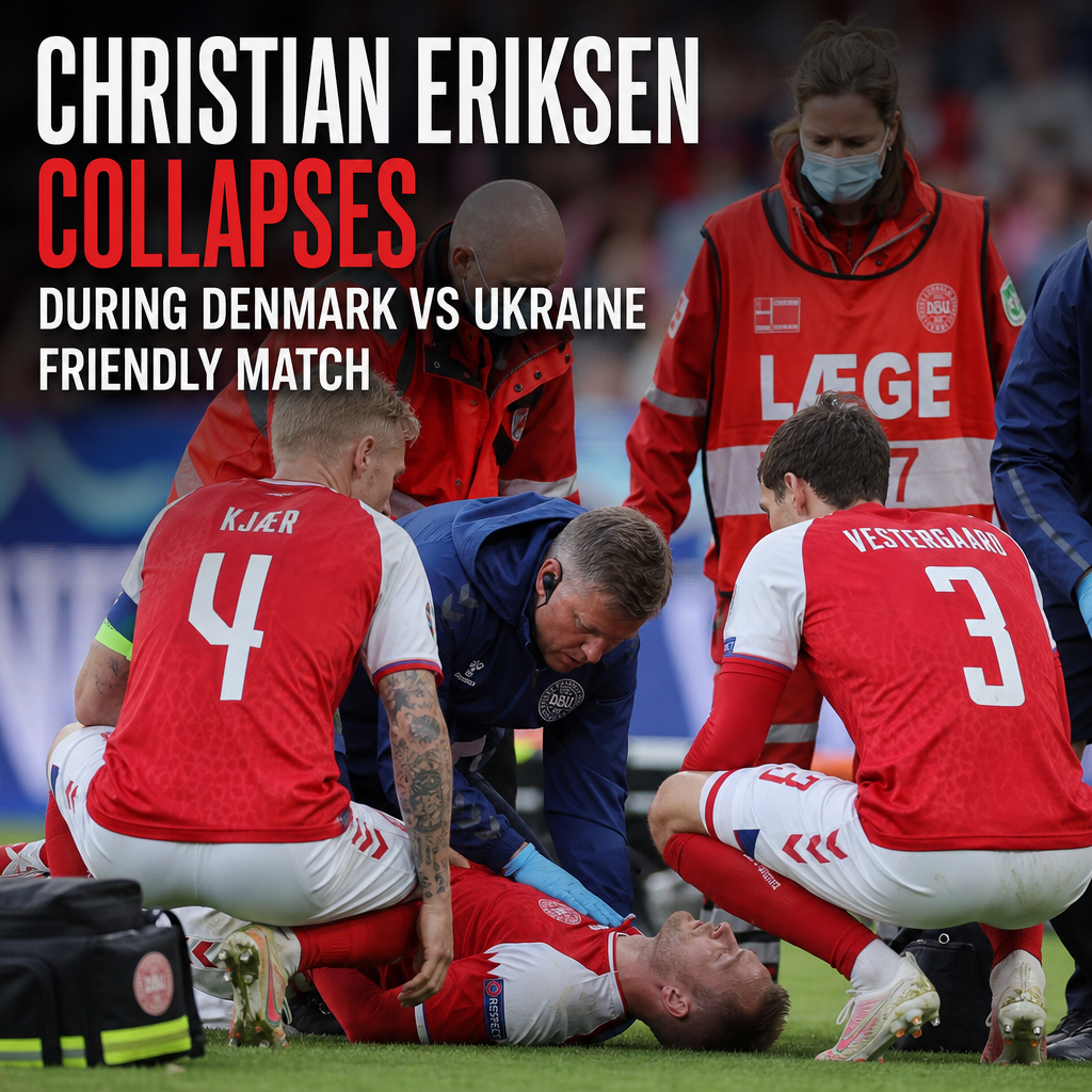 Christian Eriksen collapses on the football field during Denmark vs Ukraine match as medical staff rush to assist.