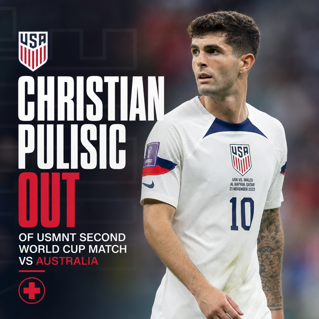 Christian Pulisic sitting on the bench, wearing USMNT gear, during a World Cup match against Australia.
