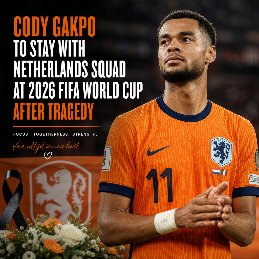 Cody Gakpo standing with the Netherlands squad, determined and focused for the 2026 FIFA World Cup.