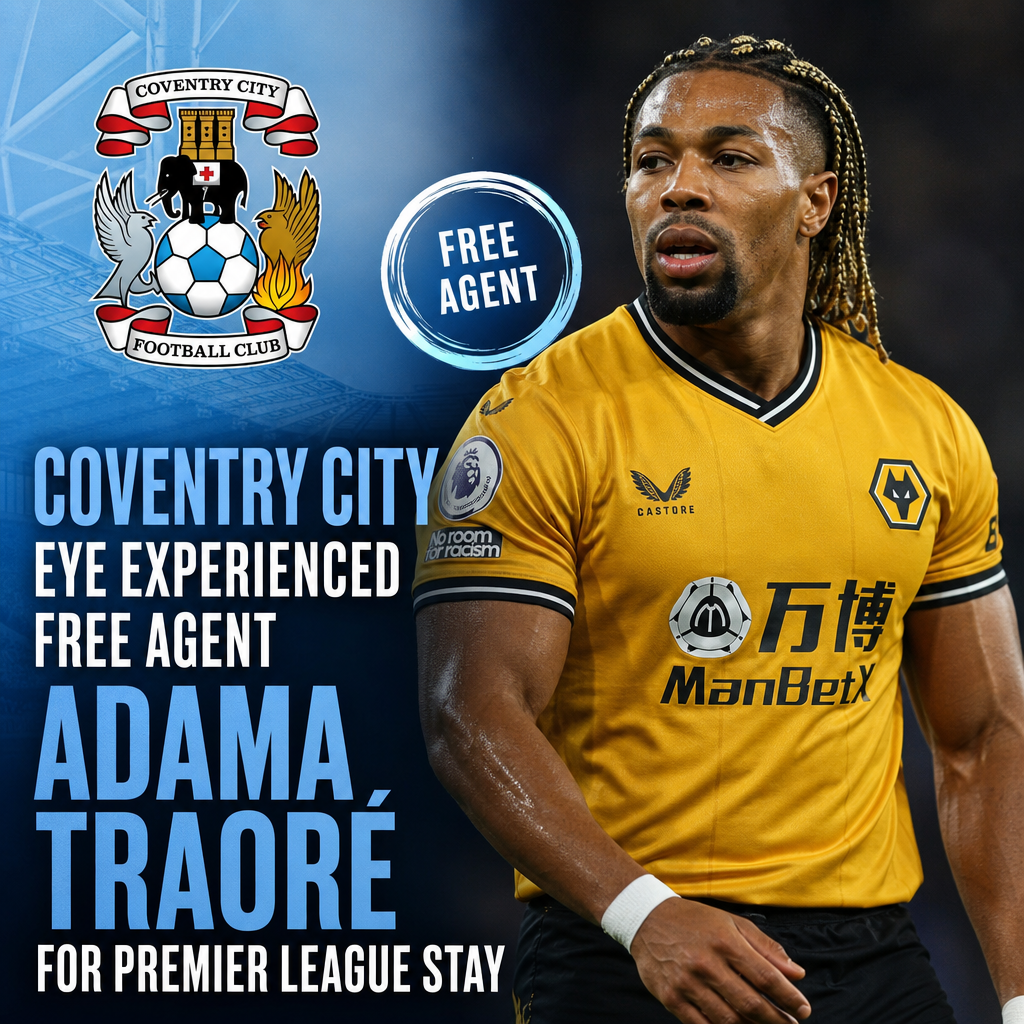 Adama Traoré in Coventry City kit on the field, showcasing his skills as an experienced footballer.