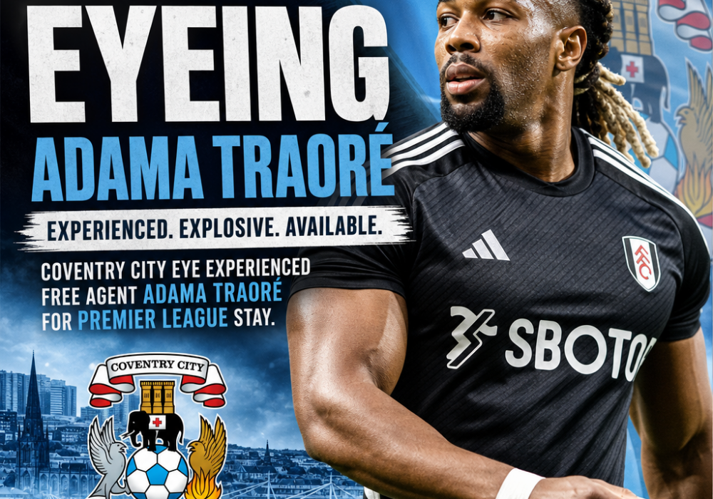 Adama Traoré in Coventry City kit celebrating on the football field, targeting Premier League stay.