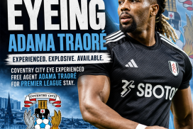 Adama Traoré in Coventry City kit celebrating on the football field, targeting Premier League stay.