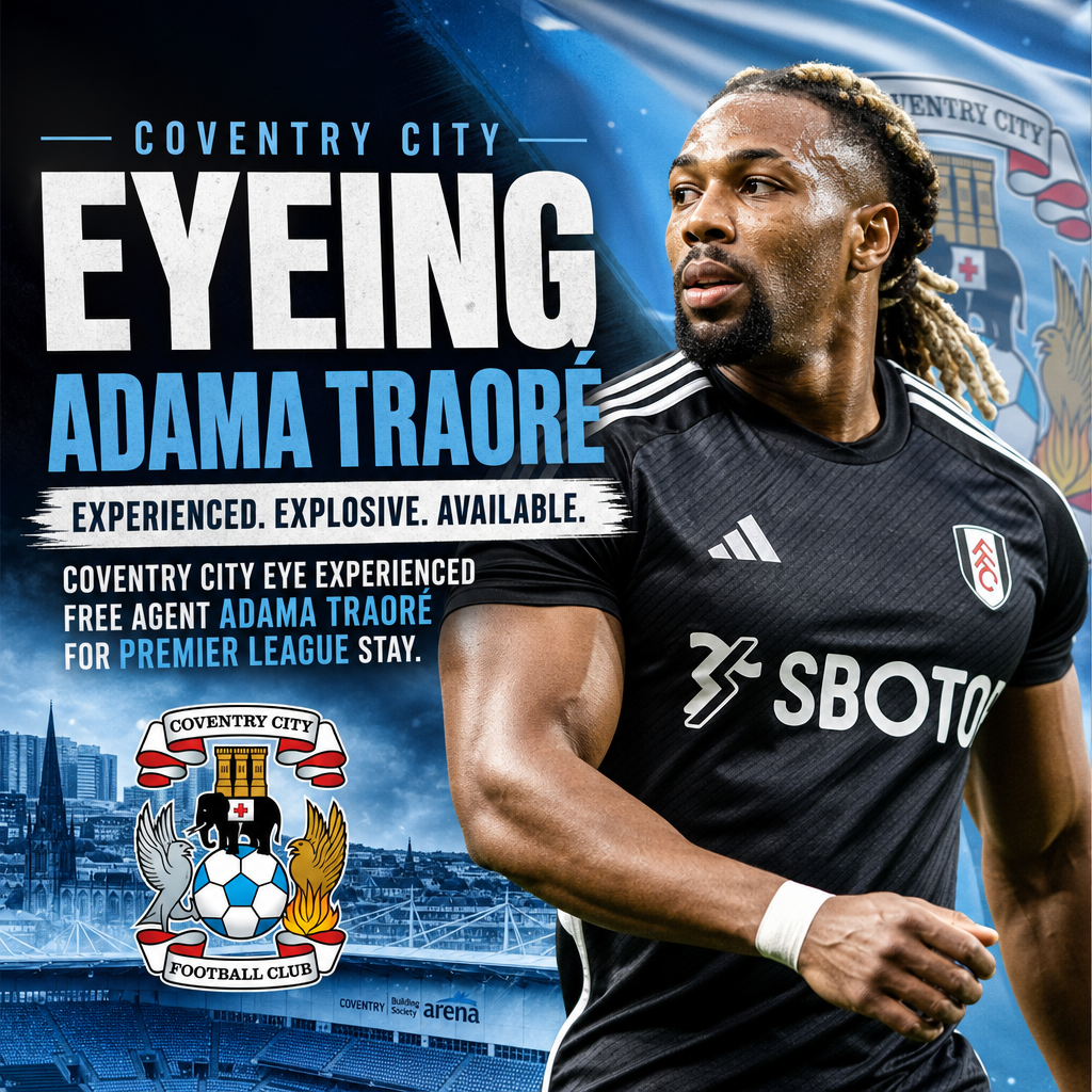 Adama Traoré in Coventry City kit celebrating on the football field, targeting Premier League stay.