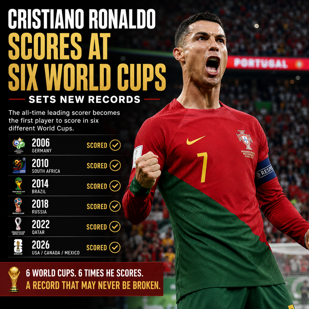 Cristiano Ronaldo celebrating after scoring a goal, marking goals at six FIFA World Cups from 2006 to 2026.