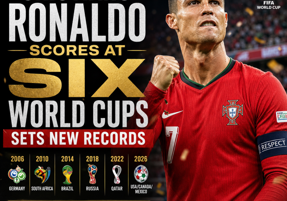 Cristiano Ronaldo celebrating after scoring, marking his record sixth FIFA World Cup goal.