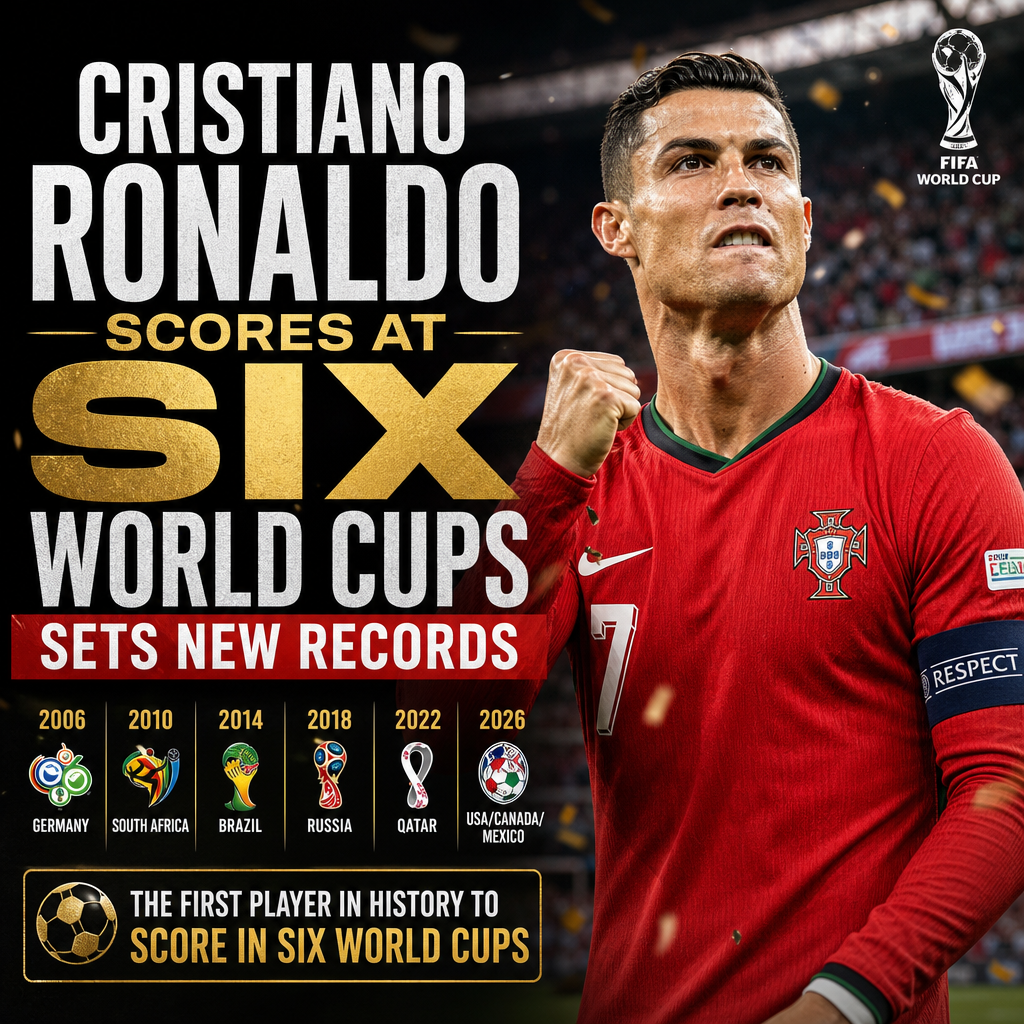 Cristiano Ronaldo celebrating after scoring, marking his record sixth FIFA World Cup goal.