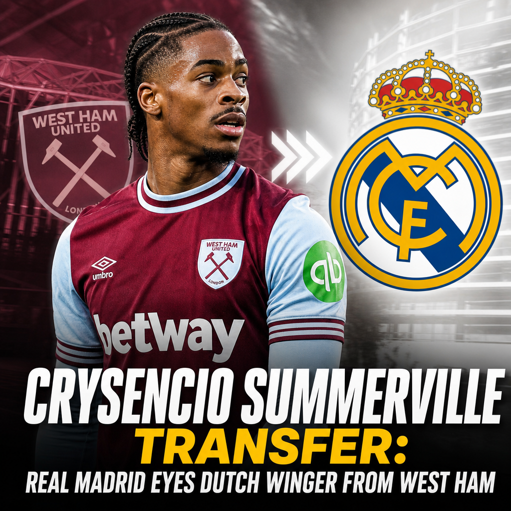 Photo of Crysencio Summerville in a West Ham United jersey during a match, highlighting his transfer news to Real Madrid.