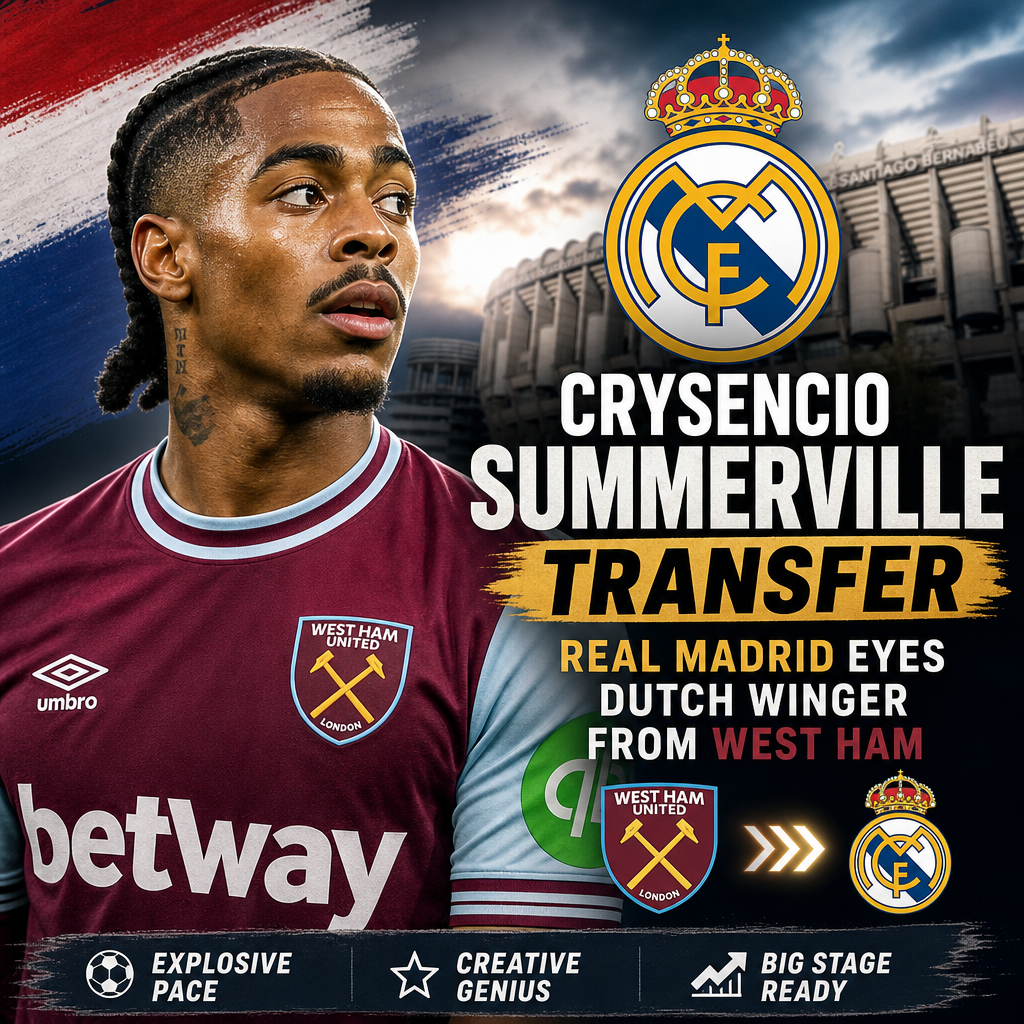 Portrait of Cryscencio Summerville in a West Ham jersey, highlighted as a Real Madrid transfer target.