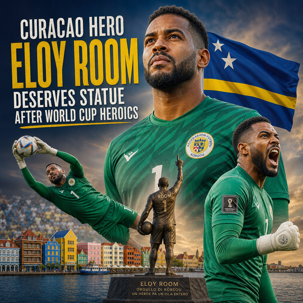Curacao footballer Eloy Room in action, honored with a proposed statue for World Cup achievements.