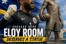 Statue of Curaçao footballer Eloy Room celebrating his World Cup heroics.