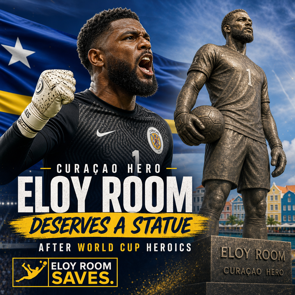 Statue of Curaçao footballer Eloy Room celebrating his World Cup heroics.