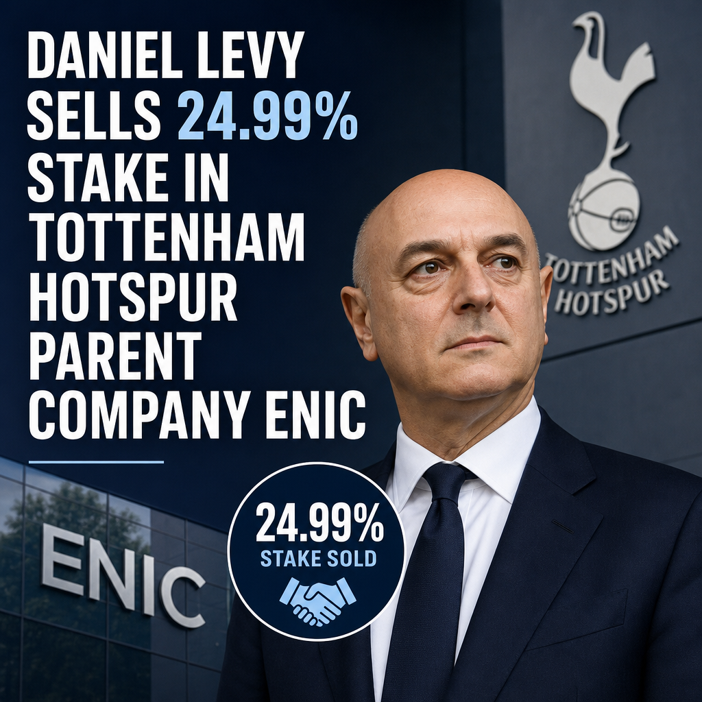 Daniel Levy signing documents with Tottenham Hotspur logo, selling 24.99% stake in ENIC Holdings.
