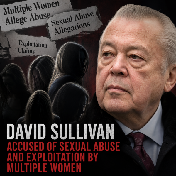 Headlines accuse David Sullivan of sexual abuse and exploitation, with women's silhouettes in the background.
