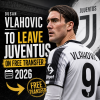 Dusan Vlahovic in Juventus jersey, with text about his free transfer from the club in 2026.