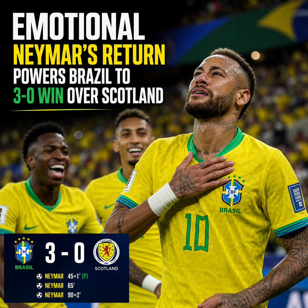 Neymar celebrates passionately as Brazil wins 3-0 against Scotland in an international soccer match.