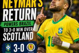 Neymar celebrating on the soccer field as Brazil wins 3-0 against Scotland in an international match.