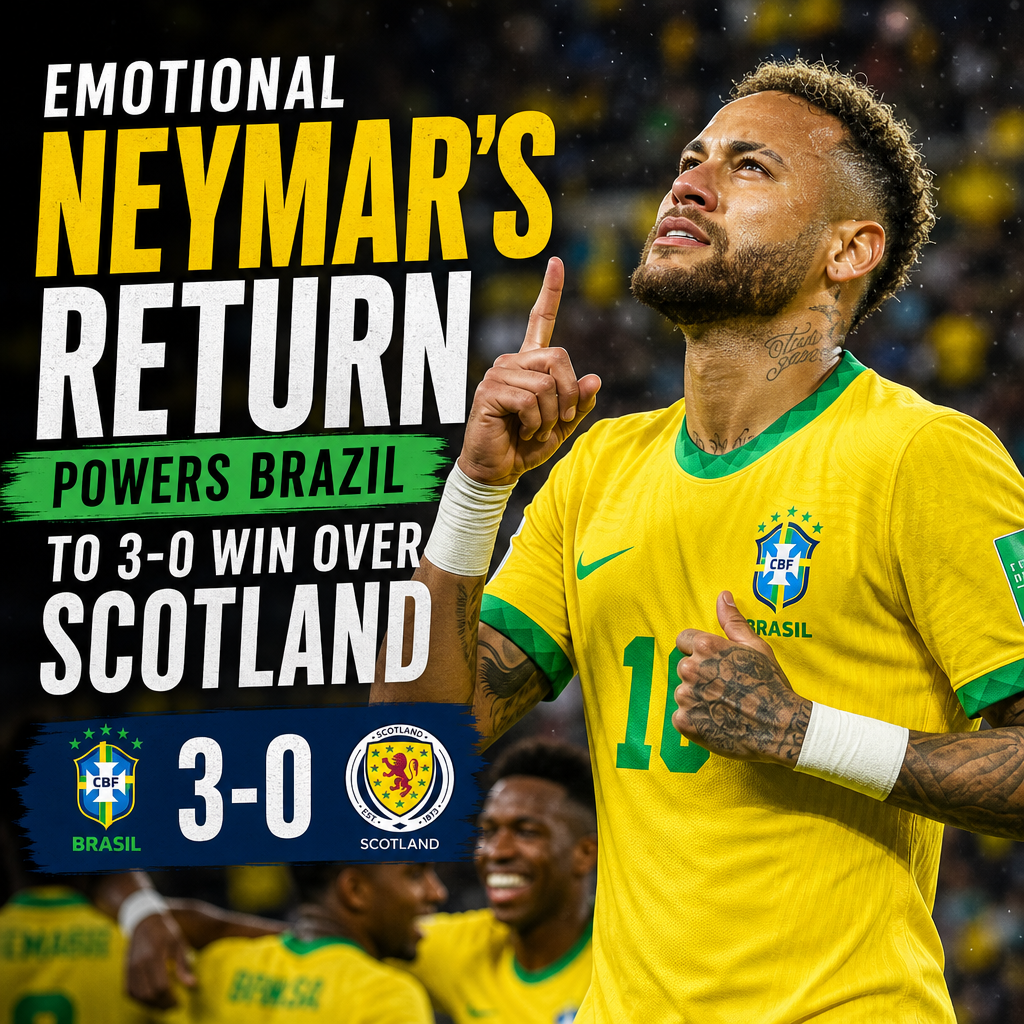 Neymar celebrating on the soccer field as Brazil wins 3-0 against Scotland in an international match.