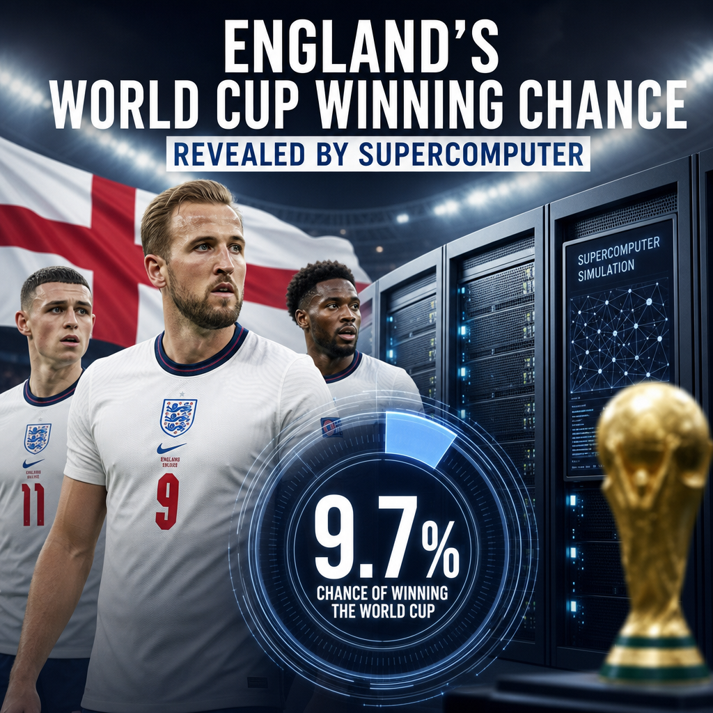 Graph showing England's 9.7% chance of winning the World Cup according to a supercomputer simulation.