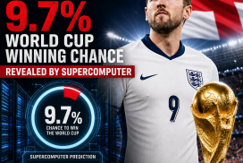 Graph showing England's 9.7% chance to win the World Cup as predicted by a supercomputer.
