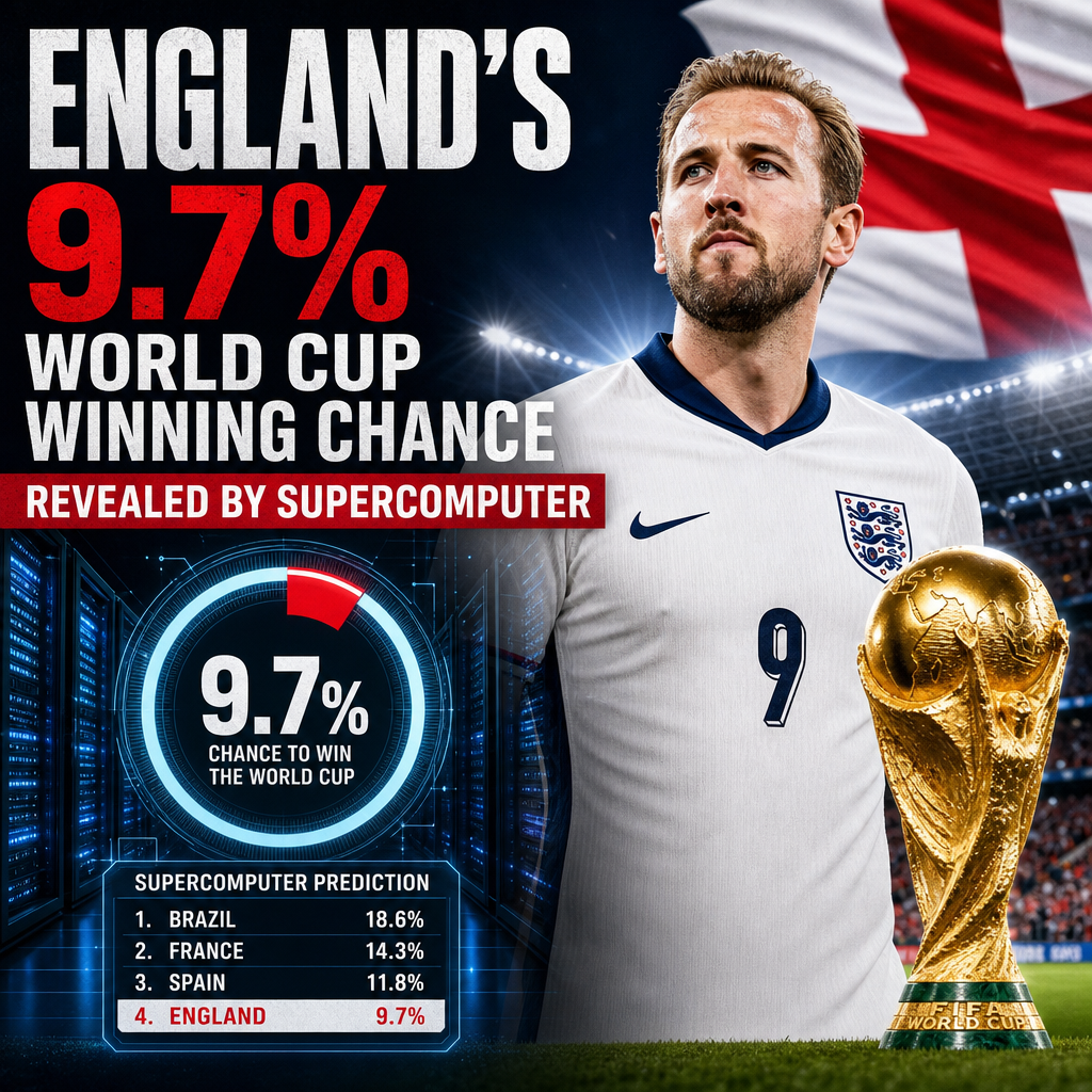 Graph showing England's 9.7% chance to win the World Cup as predicted by a supercomputer.