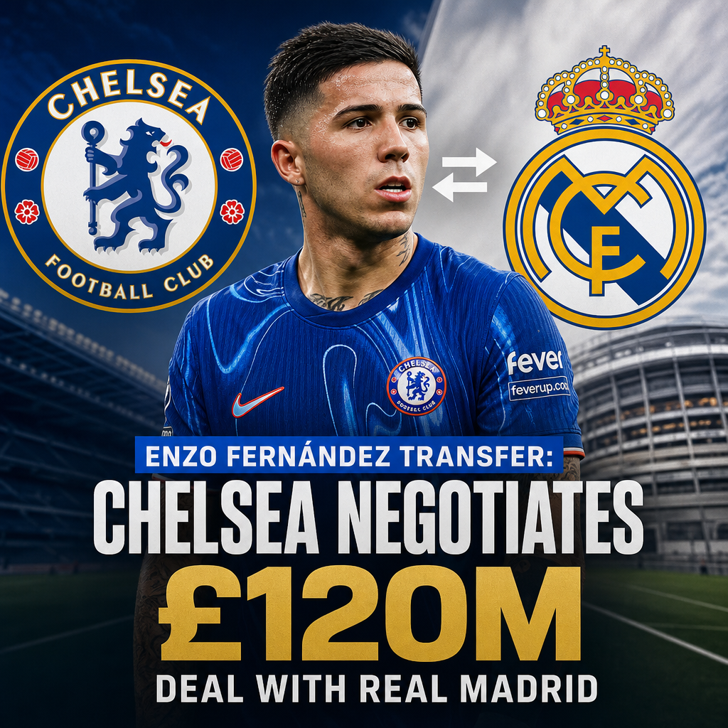 Enzo Fernández in a Chelsea jersey with transfer deal text referencing £120 million negotiation with Real Madrid.