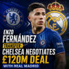 Chelsea and Real Madrid executives discussing Enzo Fernández's £120M transfer deal in a meeting room.