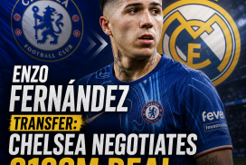 Chelsea and Real Madrid executives discussing Enzo Fernández's £120M transfer deal in a meeting room.
