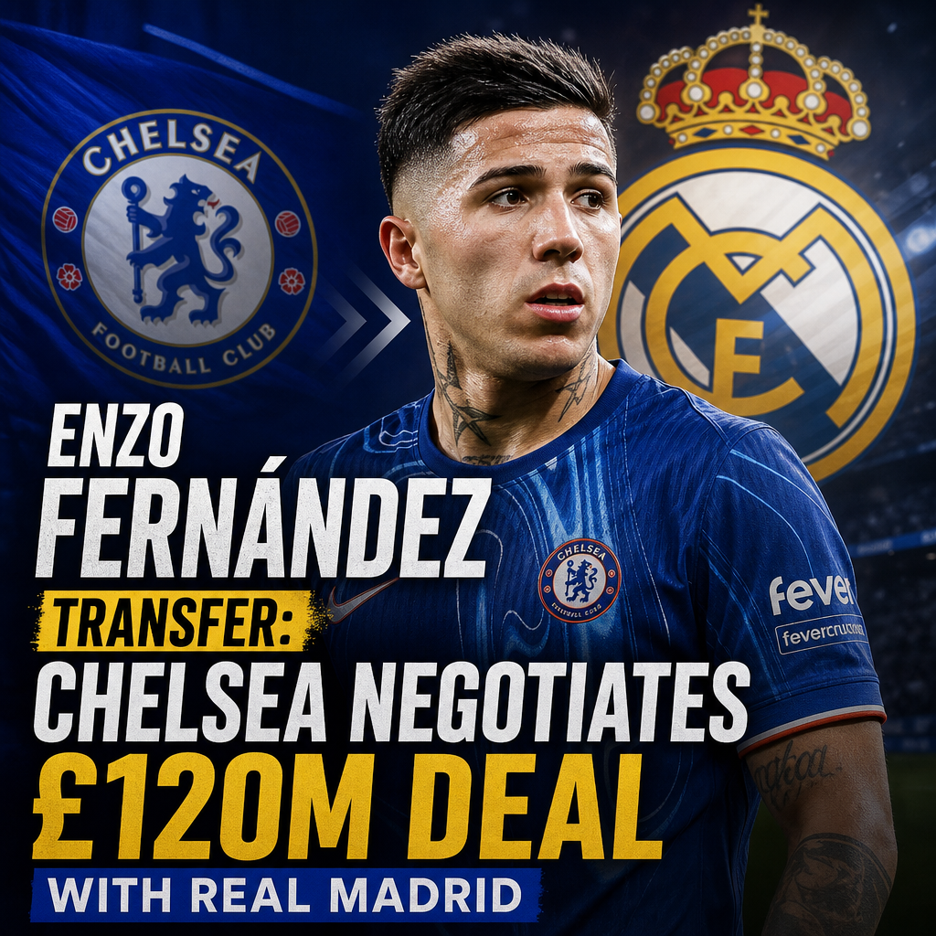 Chelsea and Real Madrid executives discussing Enzo Fernández's £120M transfer deal in a meeting room.