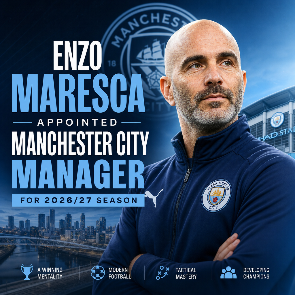Enzo Maresca stands confidently with a Manchester City logo, symbolizing his appointment as the 2026/27 manager.