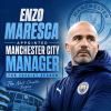Enzo Maresca in a suit smiling in front of Manchester City logo, announced as manager for 2026/27 season.