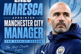Enzo Maresca in a suit smiling in front of Manchester City logo, announced as manager for 2026/27 season.