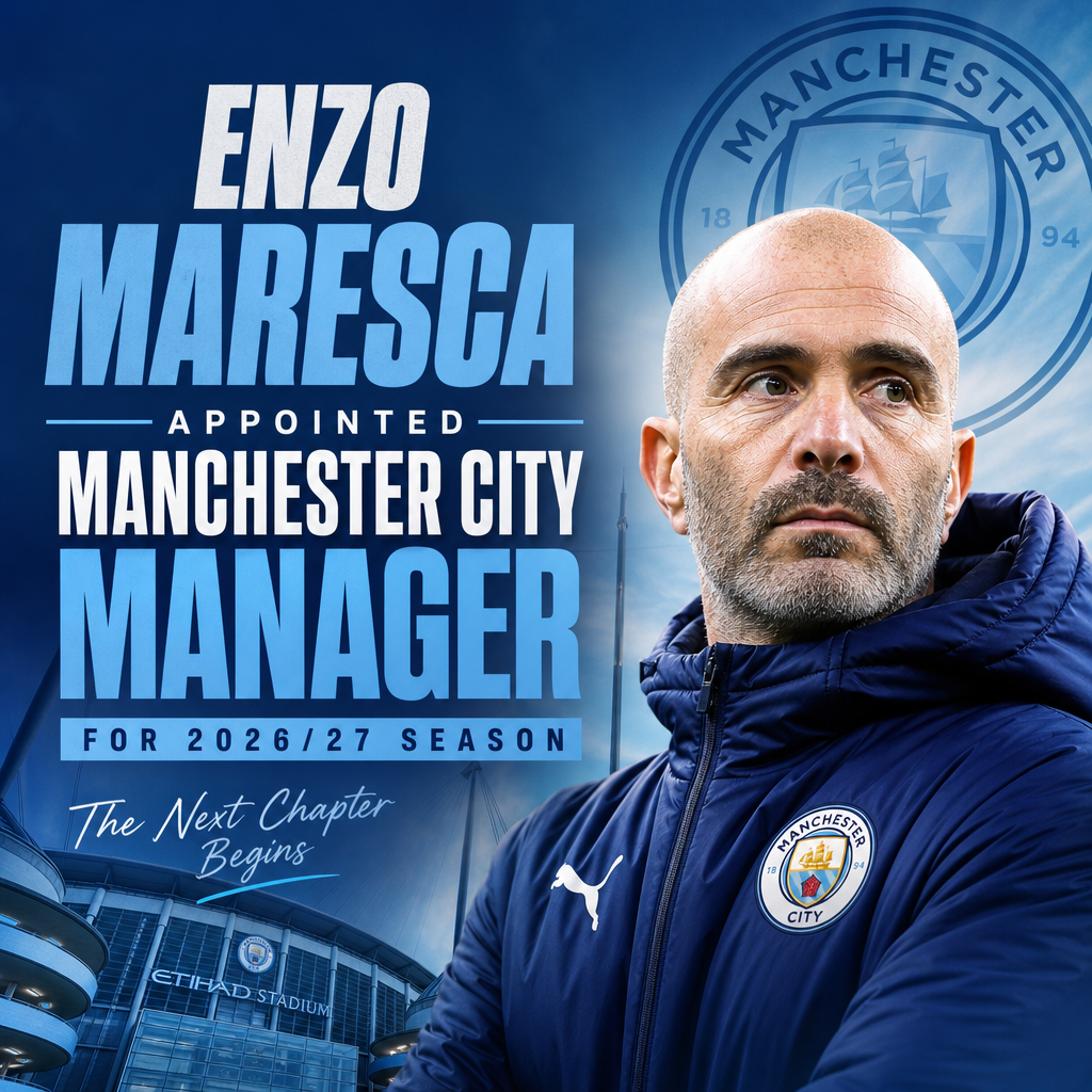 Enzo Maresca in a suit smiling in front of Manchester City logo, announced as manager for 2026/27 season.